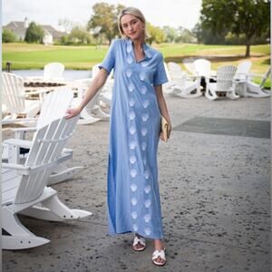 SAIL TO SABLE Short Sleeve Embroidered Shell Caftan Blue Lightweight NWT XXL